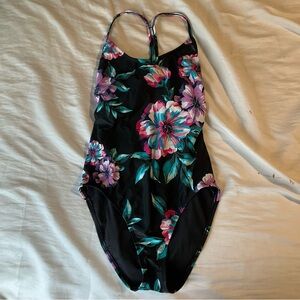 Eco beach swimsuit one piece with tie back black and pink purple blue floral